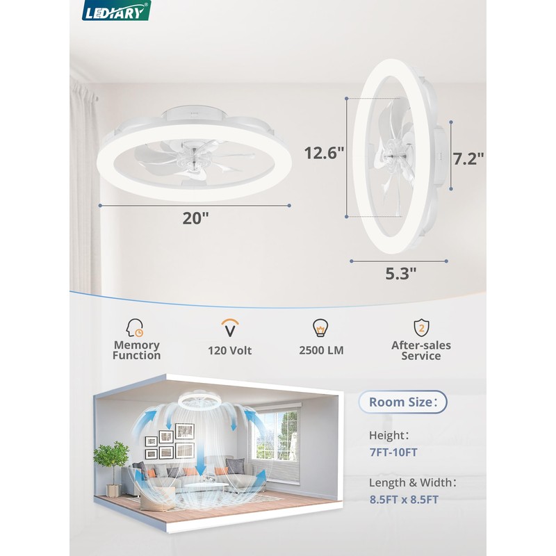 LEDIARY 20 Inch Low Profile Ceiling Fans with Lights and