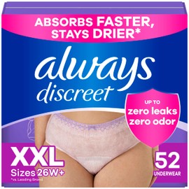 Always Discreet Adult Incontinence Underwear for Women and Postpartum Underwear, XXL, Up to 100% Bladder Leak Protection, 52 Count (4 Packs of 13)