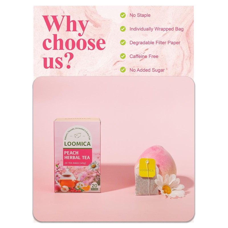 LOOMICA Peach Herbal Tea, Caffeine-Free, Peach Tea Bags with Rosehip,
