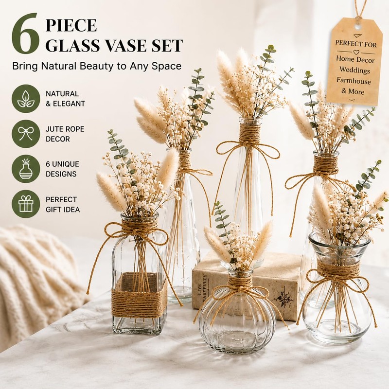 Glass Bud Vases Set of 6 for Flowers, Clear Small