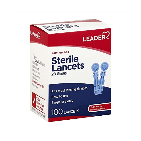 Leader Sterile Lancets, Ultra Thin 28 Gauge, Single Use, Universal Designed for Diabetic Blood Glucose Testing, 100 Count Per Box Lancets, 1-Box
