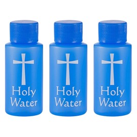 Needzo Small Holy Water Bottles with Screw Top Lid, Blue Refillable Plastic Container with White Cross, No Spill Lid, Catholic Church Supplies for Home, 1 Ounce, Pack of 3