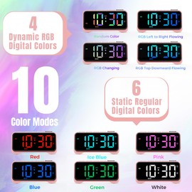 Digital Alarm Clock for Kids, 10 RGB Phantom Dynamic Colors Bedside Alarm Clock with Night Light Adjustable Brightness/Volume Dual Alarms Big Snooze USB Charger