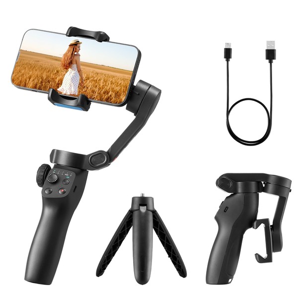VEVOR Gimbal-Stabilisator für Smartphone, 3-Achsen-Stabilisierung, mit Gesichts-/Objektverfolgung, Stativ, tragbarer und