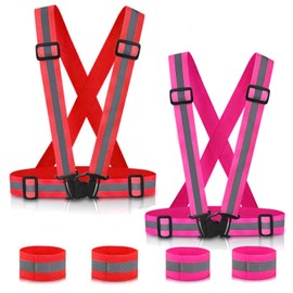 SAWNZC Reflective Vest Running Gear 2Pack, Adjustable Safety Vest Outdoor Reflective Belt High Visibility with 4 Reflective Wristbands Straps for Night Cycling Motorcycle Dog Walk, Pink-2vests+4bands