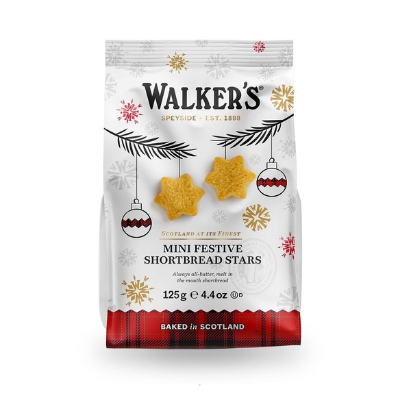 Walker's Shortbread Mini Festive Stars, Pure Butter Shortbread Cookies, 4.4 Oz Bag (Pack of 6)