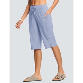 ISEEGZ Women's Swim Capris Pants 15" High Waist Tummy Control Quick Dry UPF 50+ Long Board Shorts with Liner and Pockets Light Blue XL