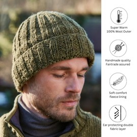 Pachamama Men Wool Beanie Skull Hat Fleece Lined Handknitted Ribbed Plain One-Size Handmade Skull Cap Extra Warm Fair Trade (Wool, Moss)