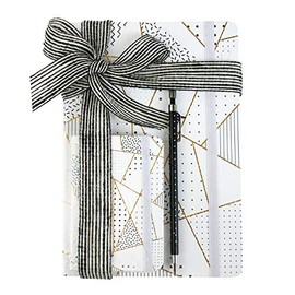Emartbuy Cool Stationery Unique Gift Set with A5 Notebook, A7 Notebook, Mechanical Pencil and Ribbon - Geometric Marble White/Gold
