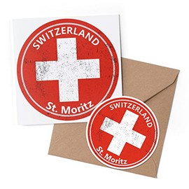 1 x Greeting Card & 10 cm Round Sticker Set - St. Moritz Switzerland Flag Circle - Birthday Thank You Friend Lover Fan Mum Dad Kids #60043