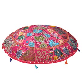 Stylo Culture Indian Floor Cushion Cover Floor Seat Cushion Yoga 70 x 70 cm Large Round Vintage Dark Pink Boho Patchwork Lounge Chair Cotton Embroidered Floor Cushion Outdoor