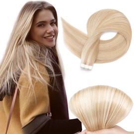 TESS Tape Extensions Real Hair #18P613 Golden Blonde / Light Blonde 30 cm Real Hair Extensions 20 Pieces Straight Remy Tape-In Hair Extensions for Hair Thickening (20 Wefts #18/613 Golden Blonde /