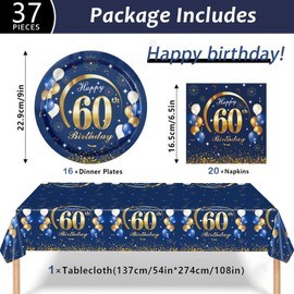 MORAINJAY 37Pcs Birthday Tableware Set for 60,Navy Blue Gold Tableware Set for 60th Birthday Party with Plates,Napkins,Tablecloth,Dinnerware Set for 60,Party Supplies Table Decor for Him,Men,Adults