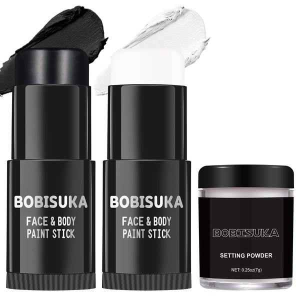 BOBISUKA Black White Face Paint Stick with Setting Powder Set,