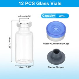 PATIKIL 12pcs 3ml Clear Borosilicate Glass Sample Vials with Aluminum Plastic Cap and Rubber Stopper for Lab Solid Liquid Powder Storage, Blue Silver Tone