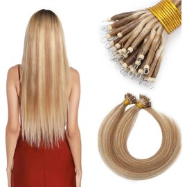 Nano Ring Tip Hair Extensions Real Human Hair 1g per Strand 50g Micro Loop Beads Pre Bonded Remy Hair Straight #12P613 Golden Brown&Bleach Blonde
