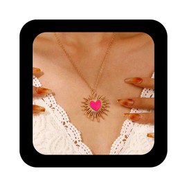 Enautoabs Bohemian Enamel Heart Necklace Choket Pink Heart Pendant Necklace Gold Sun Heart Necklace Love Heart Statement Necklace Jewelry for Women