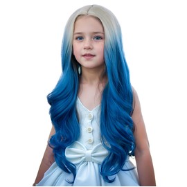 DUDUWIG Girls Gray Mixed Blue Wig Kids Long Blue Mixed Gray Middle Part Wig Children Wavy Curly Wigs Heat Resistant Synthetic Wigs with Cap