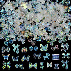 Kikonoke 100 Pieces 3D Resin Butterfly Bear Nail Charms Rose Flower Peach Bow Snake Rabbit Animal Shaped Nail Art Rhinestones Pearls for DIY Nail Art Decoration Making Craft (Transparent AB)
