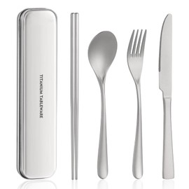 Titanium utensil travel set, portable lunch silverware set with box, including titanium chopsticks, spoon, fork, knife, reusable, suitable for, office, and outdoor dining (Titanium gray 4-piece set)