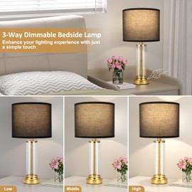 Black Gold Bedroom Lamps Set of 2 - Touch Bedside Lamp for Night Stands with USB C+A, 3 Way Dimmable Nightstand Table Lamps for Living Room, Modern Glass Lamp for Bed Side Guest Room