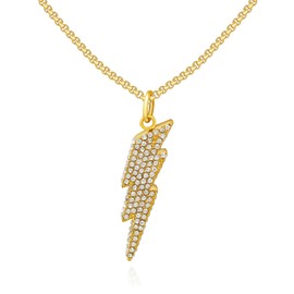Bling Lightning Bolt CZ Iced Out Necklace for Men,Fake Diamond Thick Cuban Link Chain Rapper Hip Hop Custume Jewelry 18K Gold/Platinum Plated with Sparkly Lightning Charms, Cubic Zirconia