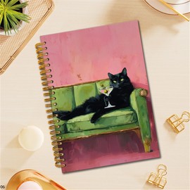 TWRVI Black Cat Spiral Notebook, Pink Mid Century Modern Martini Cat College Ruled Notebook Journal for School Office Supplies, Cocktail Funny Cat Lover Gifts Journaling Notebooks 5.5"X8.3" 164 Pages