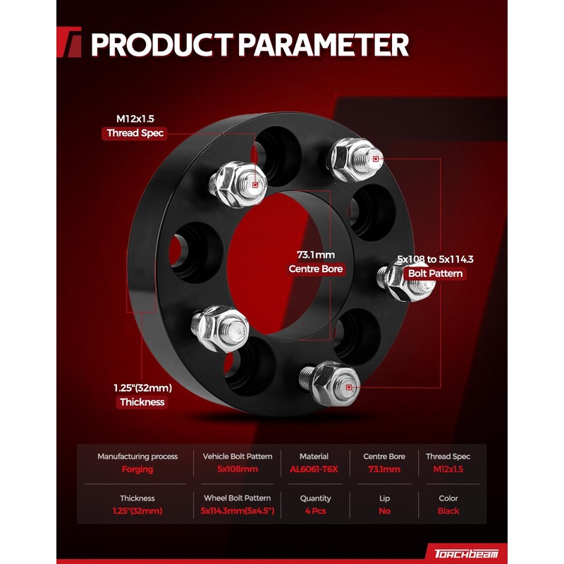 Torchbeam 5x108mm to 5x114.3mm Lug Centric Wheel Adapters 1.25 inch