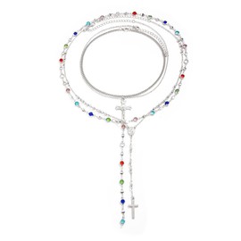 QUMAOJEW Gold Cross Necklace for Women Gold Long Crystal Layered Cross Pendant Crystal Stackable Necklace Prom Jewelry(silver)