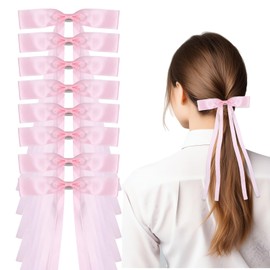 8 PCS Silky Satin Hair Bows Clips, Ribbon Pink Hair Bow Clips Hair Bowknot with Long Tail, Metal Clips Pink Bow for Hair Barrettes French Hair Accessories for Women Girls Toddlers Teens Kids