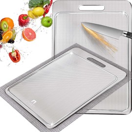 100% Pure Titanium Cutting Board with Groove, Scratch Resistant Chopping Board with Non-slip Pad for Kitchen, Titanium Cutting Boards for Vegetables and Meat, Dishwasher safe