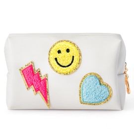 LieToi Preppy Patch Cosmetic Toiletry Bag, PU Leather Portable Waterproof Makeup Bag Smile Lightning Heart Organizer Compliant Bag Daily Travel Use Storage Purse for Women (Small, White)