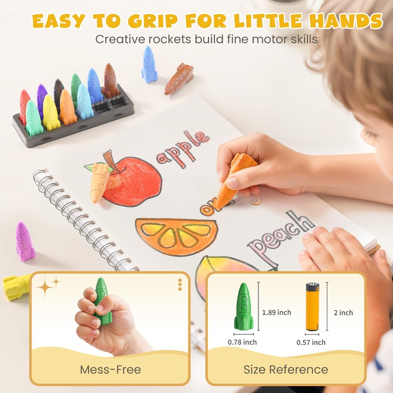 JUPITEARTH 12 Colors Crayons for Toddlers, Non-Toxic Washable Rocket Crayons,