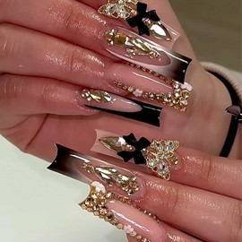 Rilafuvu Press on Nails Long Square Fake Nails French Tip Glue on Nails Rhinestones Acrylic Nails 3D Butterfly and Bow Nails Press ons Artificial Nails for Women and Girls 24Pcs (3D gold Square nails)