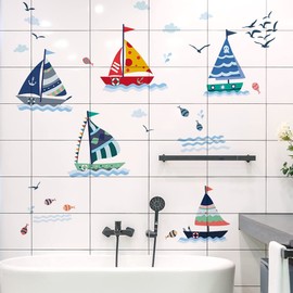 WandSticker4U® - Tile Stickers Sailing Boat Children I Wall Pictures: 175 x 70 cm I Wall Sticker Wall Sticker Boy Sailing Ship Ocean Sea Maritime Fish I Wall Decoration for Children's Room Bathroom