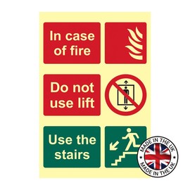 In Case Of Fire Do Not Use Lift Safety Sign, Glow In The Dark, Flexible Photoluminescent Vinyl, W200mm x H300mm