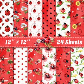Feivando 24 Sheets Ladybug Scrapbook Paper 12'' × 12'' Double-Sided Red Ladybug Pattern Paper Insect Flower Decorative Decoupage Cardstock for DIY Card Craft Making Scrapbook Supplies