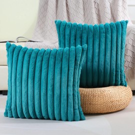 FUTEI Teal Green Striped Decorative Throw Pillow Covers 18x18 Inch Set of 2,Square Fall Decorations Couch Pillow Case,Soft Cozy Faux Rabbit Fur & Velvet Back,Modern Home Decor for Bed