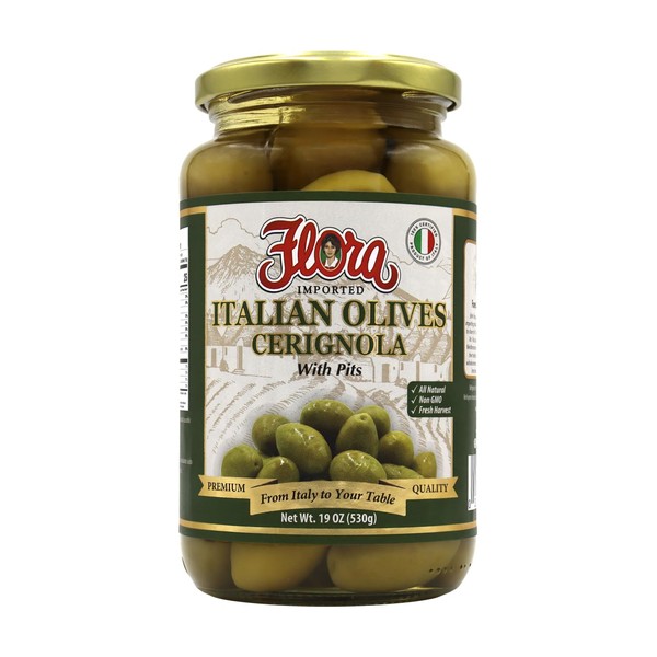 Flora Foods Italian Olives Cerignola with Pits | CerignolaOlives | 19 oz (530g) | 100% Italian | All Natural | Non GMO | Fresh Harvest