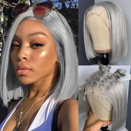 Silver Grey Bob Wigs Human Hair for Black Women 13x4 HD Lace Frontal Bob Wigs Human Hair Pre Plucked WIth Baby Hair Wear and Go Glueless Short Straight Blunt Cut Bob Wigs 180% Density 12 Inch