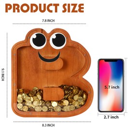 Wooden Money Box Letter Piggy Bank Clear Coin Bank Money Banks Alphabet Money Saving Box with Cute Eye Sticker for Kids Home Decoration