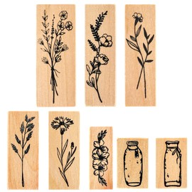 Vintage Wooden Rubber Stamp Set, 8 PCS Cute Plant Flower Bottle Stamps Decorative for DIY Crafting Clay Scrapbook Painting Letters Teaching and Card Making