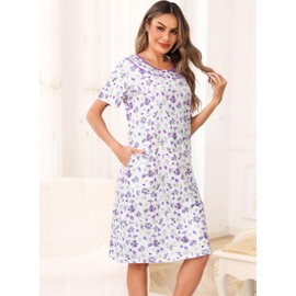 Lovasy Cotton Nightdresses for Women UK Button Front Nighties for Women Soft Ladies Nighties Nightshirts Short Sleeve Floral Print Womens Night Dress with Pockets,Purple Floral,L