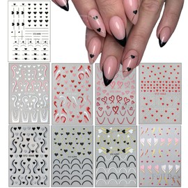 9 Sheets Heart Nail Stickers Valentine's Day Nail Art Stickers Love Hearts Nail Decals 3D Self-Adhesive Black Red White Glitter Love Heart Designs Acrylic Nails DIY Manicure Decoration Kit for Women