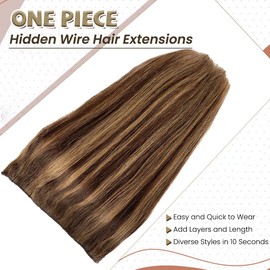 Wire Hair Extensions Human Hair Brown to Caramel Blonde Highlights Remy Human Hair Extensions 20 inch 100g Invisible Fish Line with Natural Hair Extensions for Women