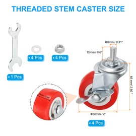PATIKIL 2 Inch Swivel Caster Wheels with Brake Set of 4, M8 x 15mm Ball Bearings Threaded Stem PVC Castors Total Load Capacity 264 Lbs with Nuts Gaskets Wrench for Furniture Chairs, Red