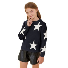 WDIRARA Girl's Star Pattern Round Neck Long Sleeve Sweater Casual Tops Pure Navy 11-12Y