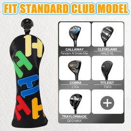 Golf Club Head covers Hybrid Utility Rescue with Interchangeable Number Tag 23456 UT Elastic Closure Black PU Leather Multicolored Text