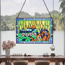 YOURANJU Stained Glass Window Hanging Handicraft Lotus Pond Rectangular Glass Window Panel 16"X11" Tiffany Plant Style Window Suncatcher Perfect Window Hangings Housewarming Gift (With Chain Hook)