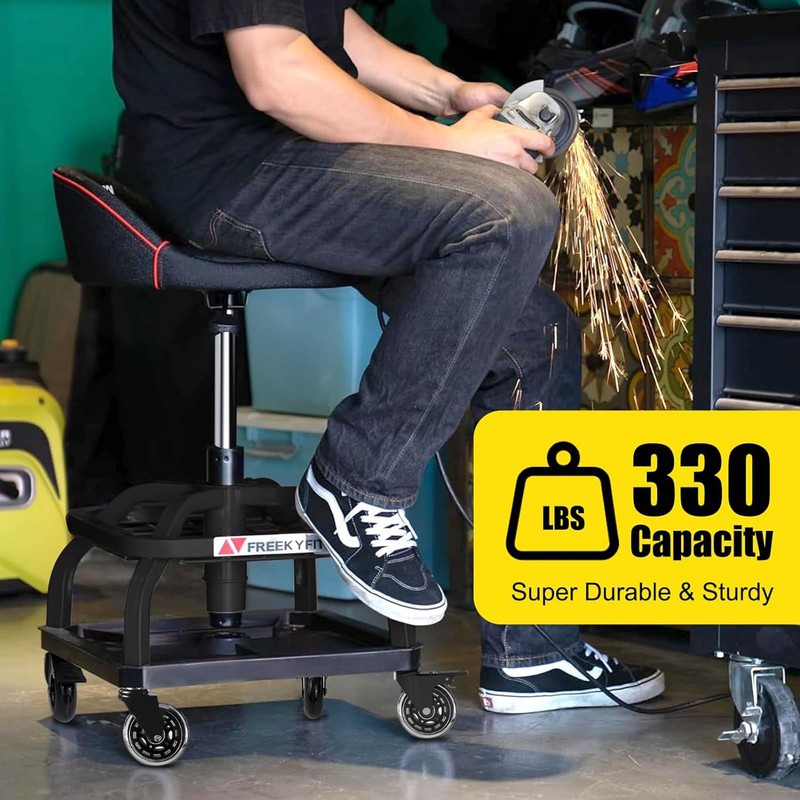 FreekyFit Rolling Shop Stool with Wheels, Garage Work Mechanic Stool